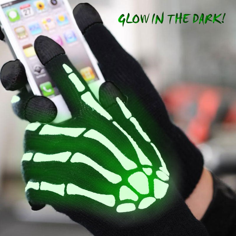 Touchscreen-Handschuhe in Schwarz mit Grüner Skeletthand Glow in the Dark