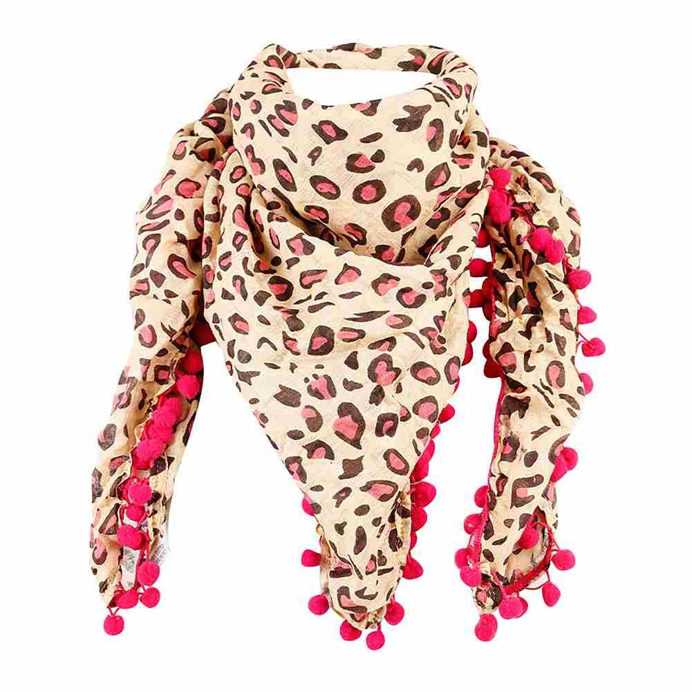 Pinkes Leoprint Halstuch mit Pinken Bommeln