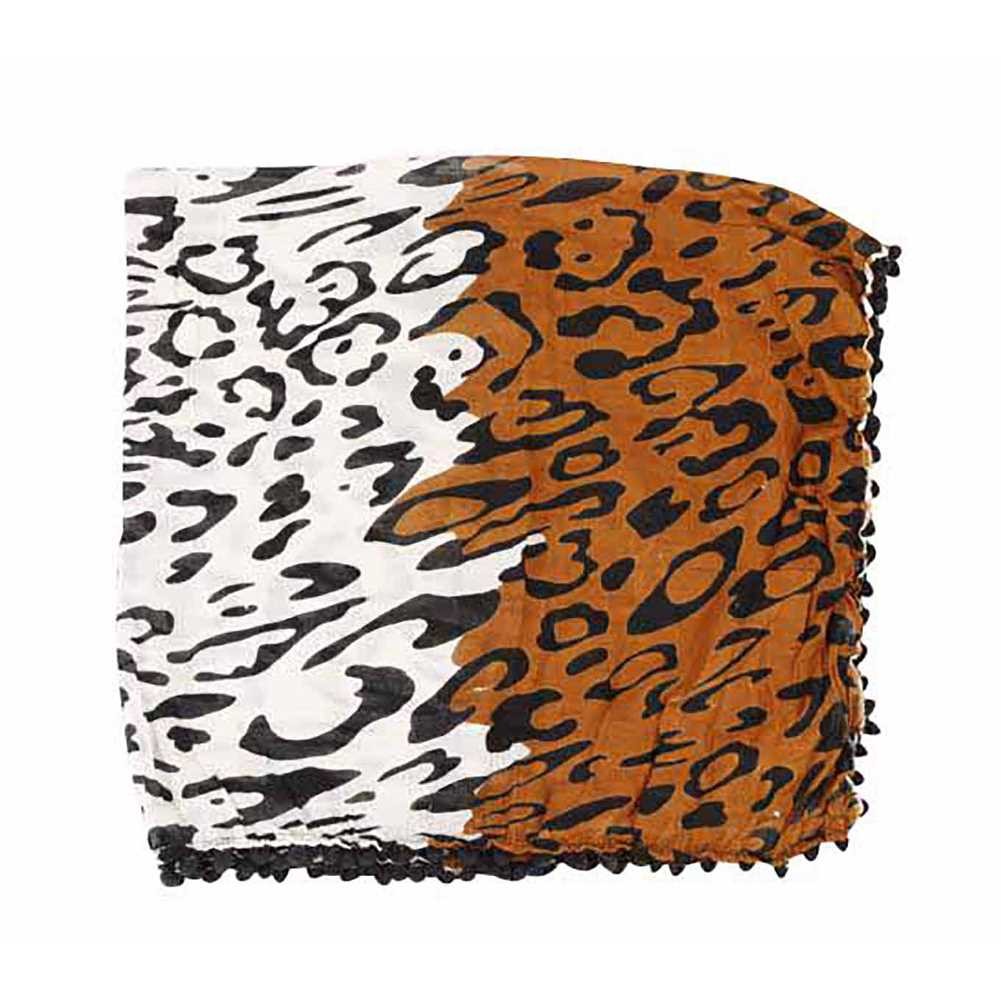 Baumwolltuch im Klassik Leopard Braun mit Schwarzen Bommeln
