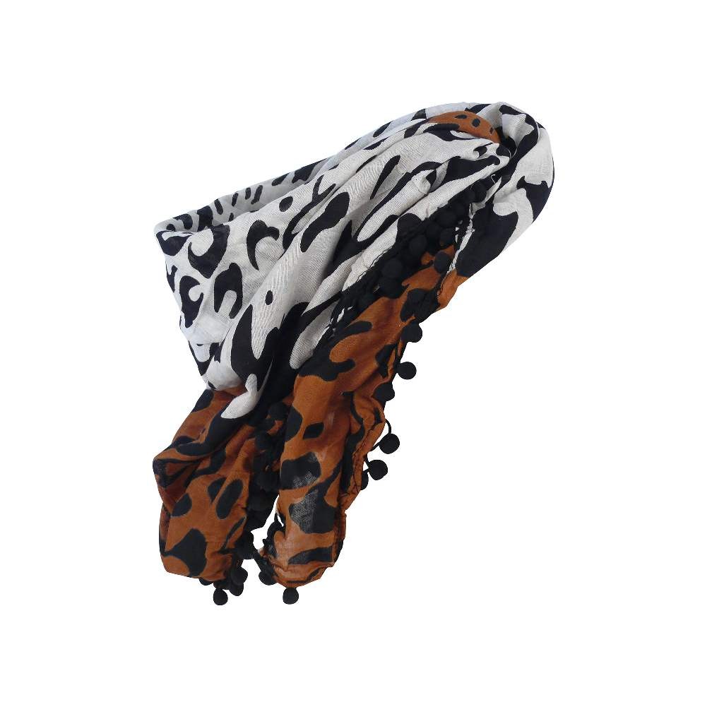 Baumwolltuch im Klassik Leopard Braun mit Schwarzen Bommeln