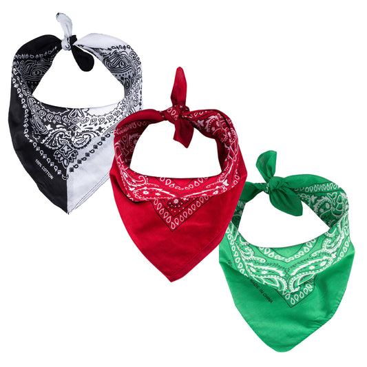 3er Bandana Paisley Set Schwarz-Weiß Rot Grün