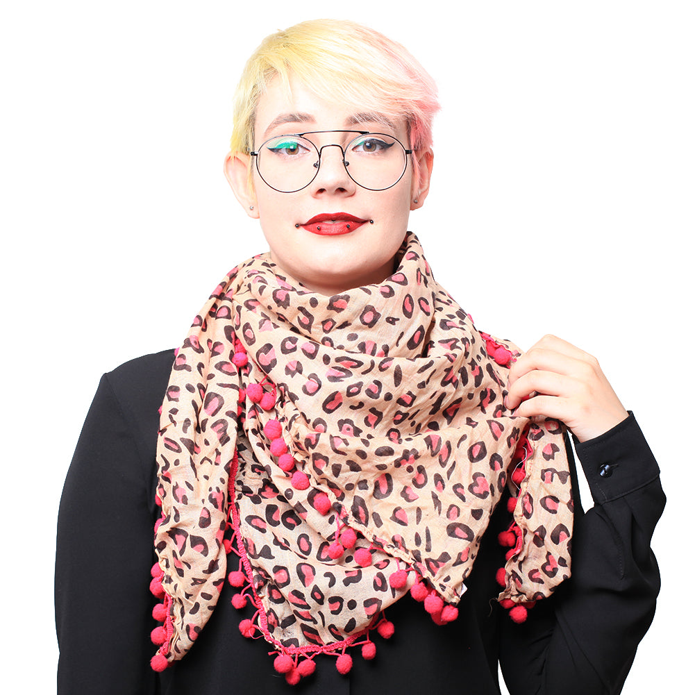 Pinkes Leoprint Halstuch mit Pinken Bommeln