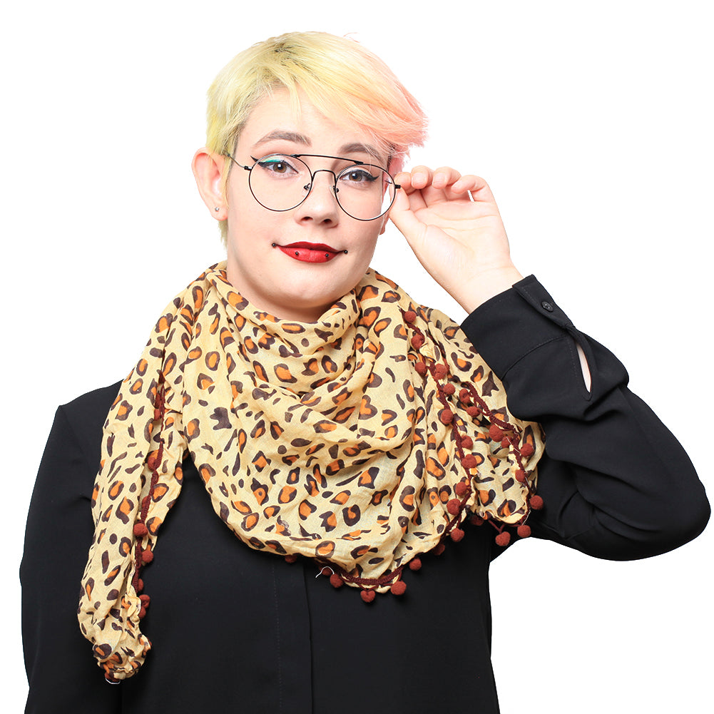 Baumwolltuch Leopard Look mit Braunen Runden Bommeln