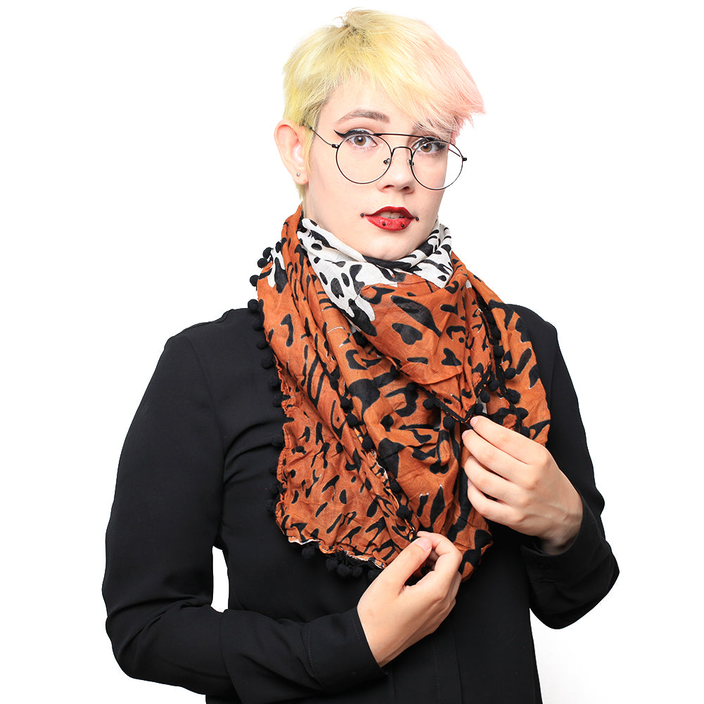 Baumwolltuch im Klassik Leopard Braun mit Schwarzen Bommeln