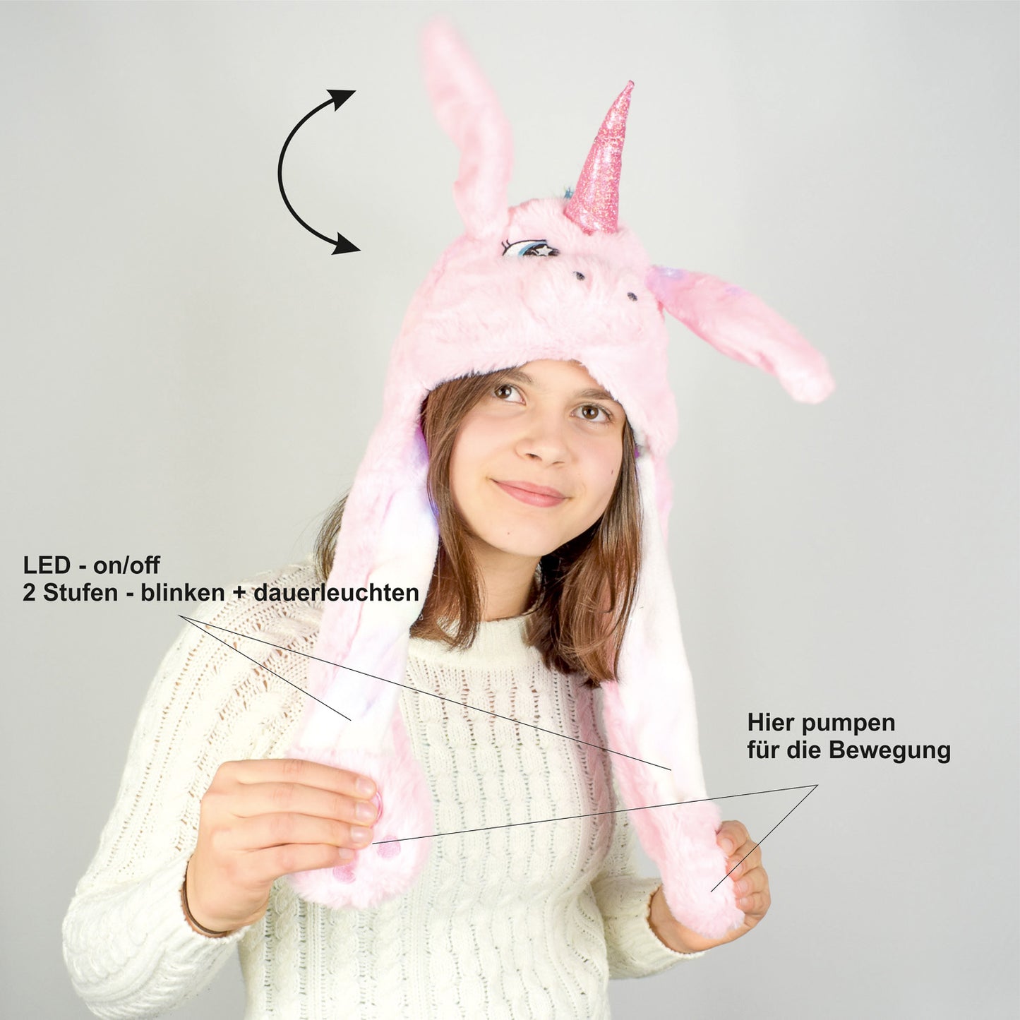 Rosa Einhorn Wackelohrmütze mit LED´s