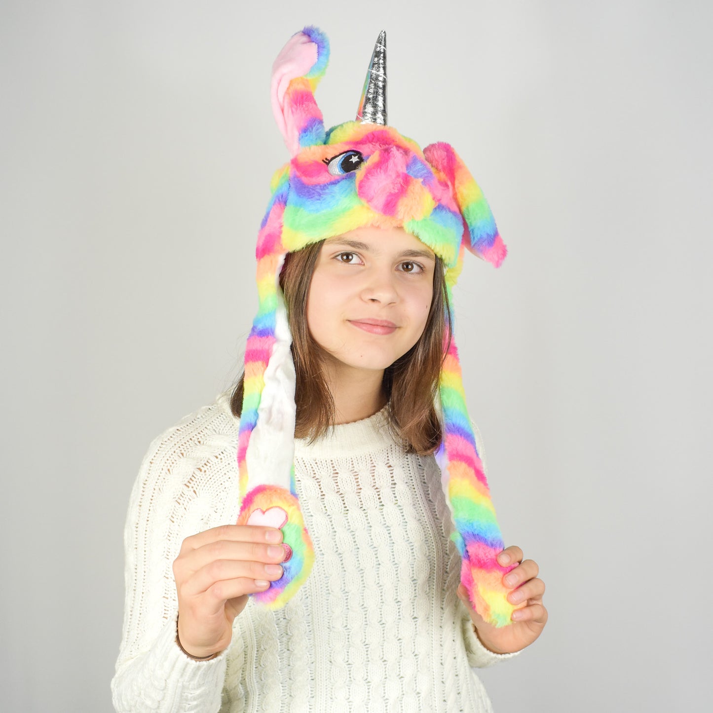 Bunte Regenbogen Einhorn Wackelohrmütze mit LED´s
