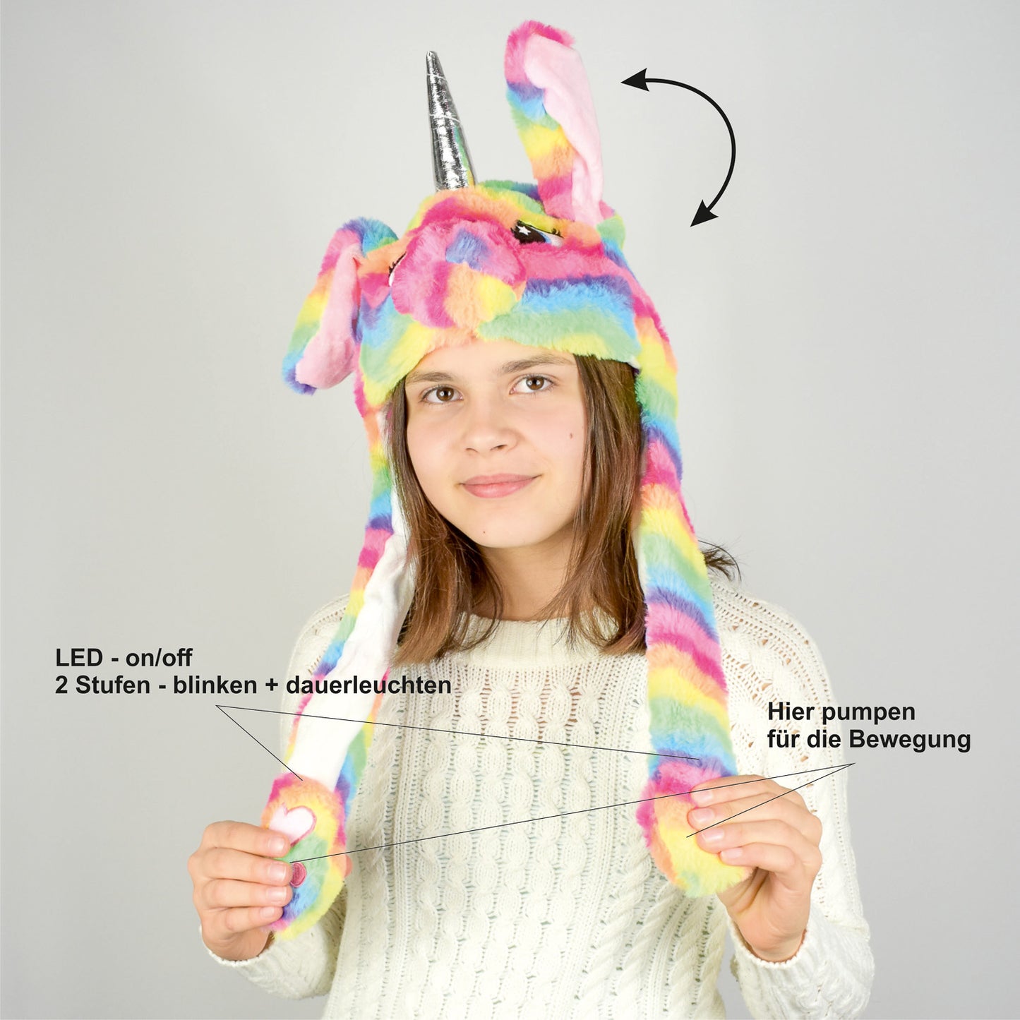 Bunte Regenbogen Einhorn Wackelohrmütze mit LED´s