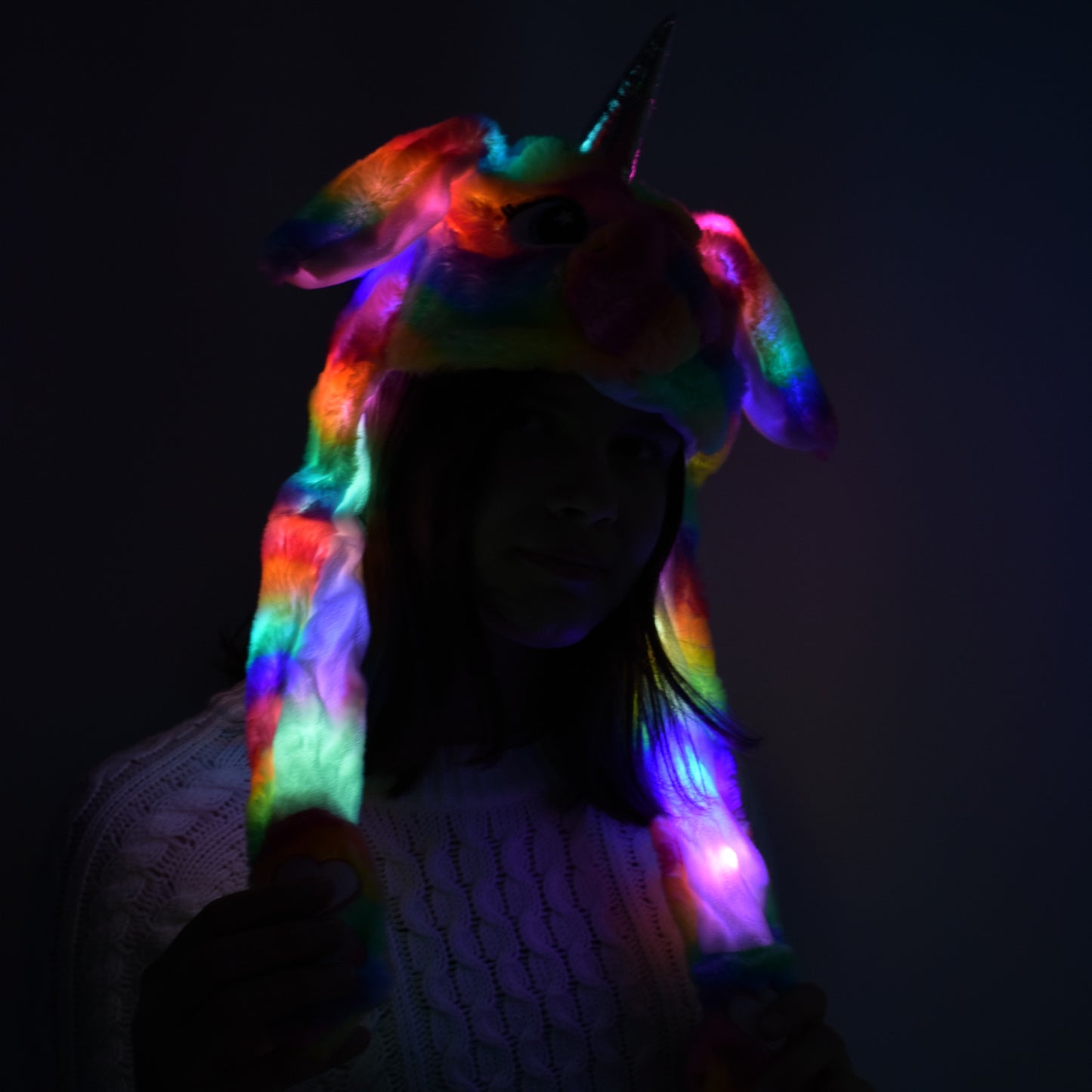 Bunte Regenbogen Einhorn Wackelohrmütze mit LED´s