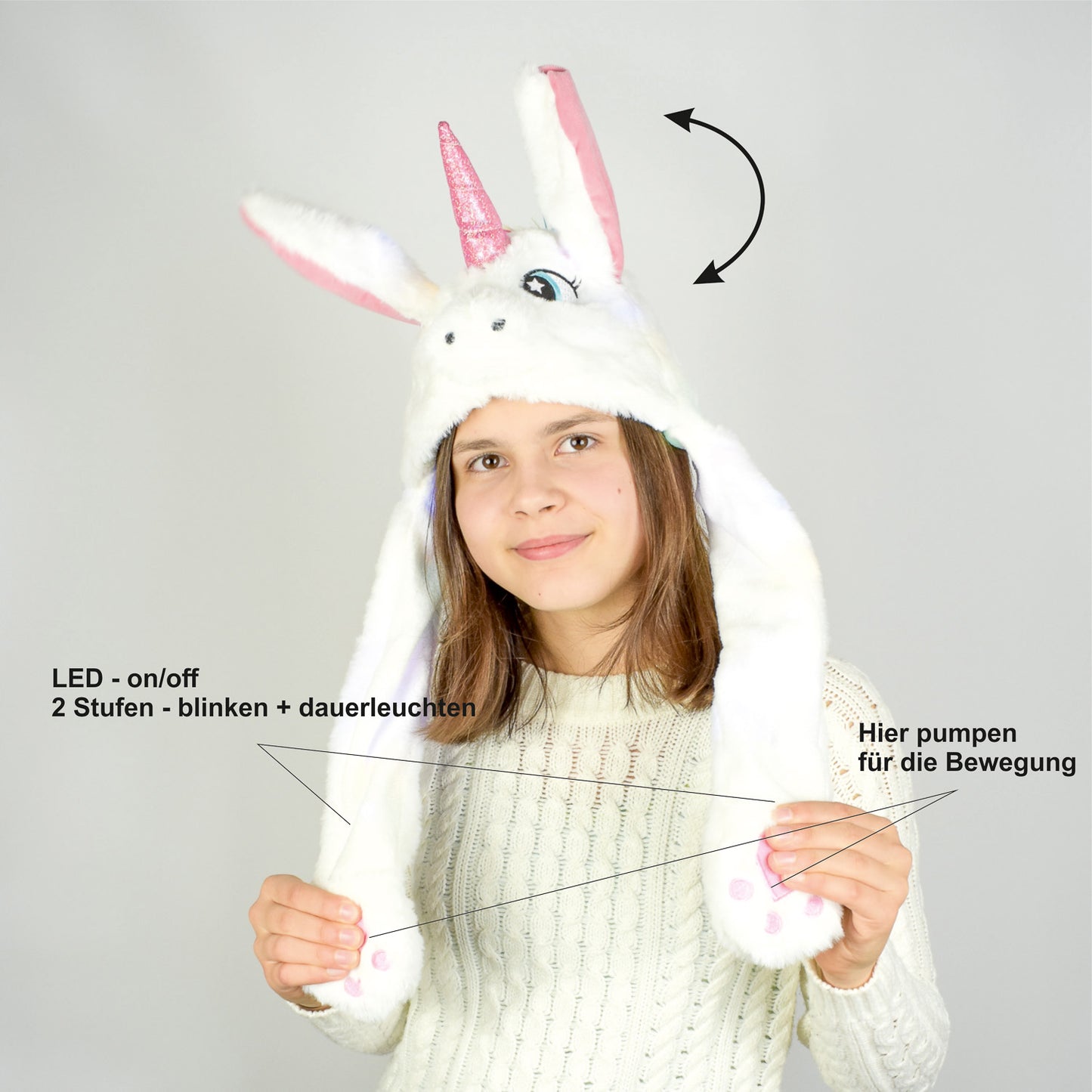 Weiße Einhorn Wackelohrrmütze mit LED´s