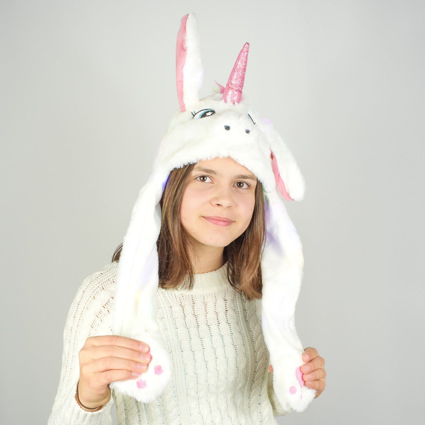 Weiße Einhorn Wackelohrrmütze mit LED´s