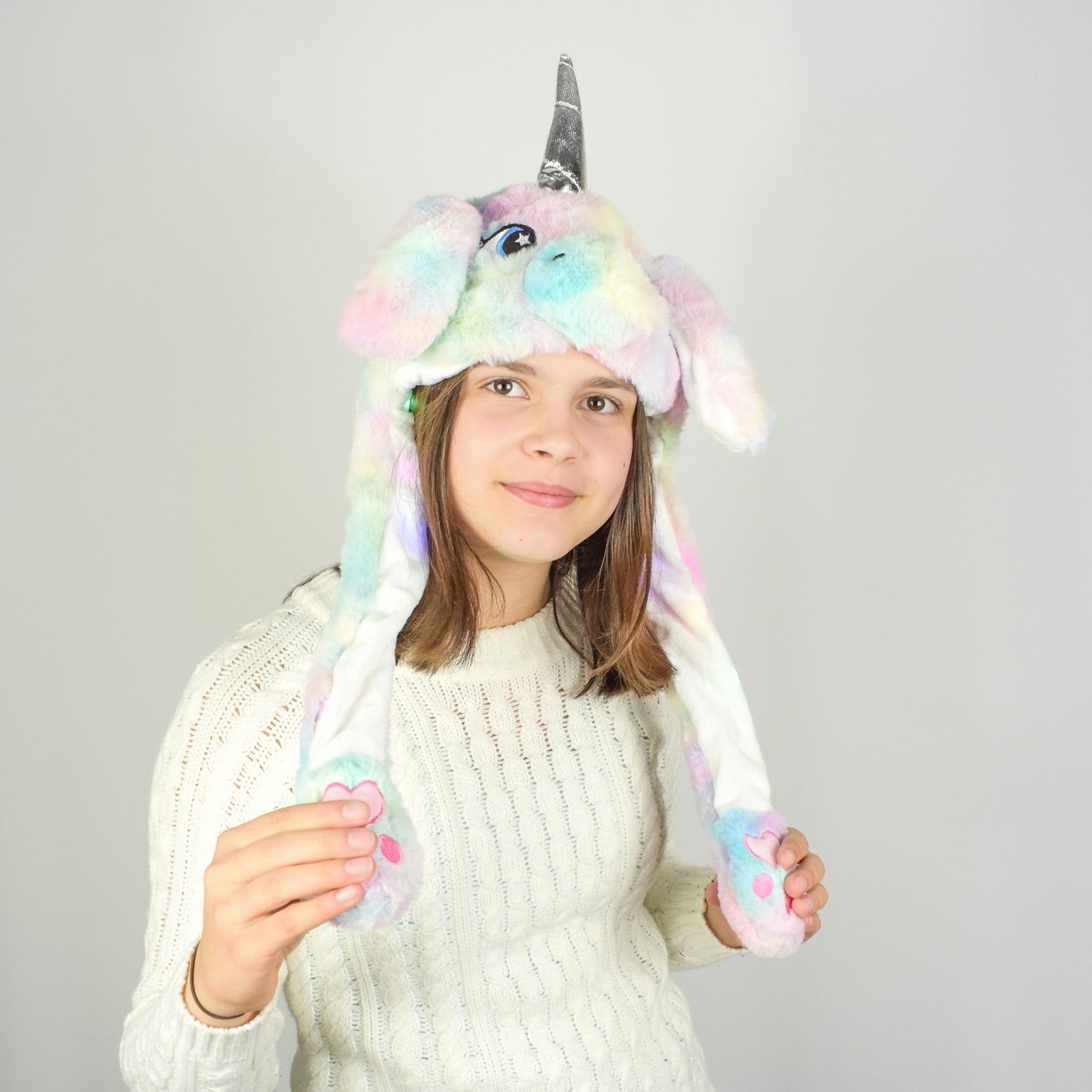 Pastellfarbenes Einhorn Wackelohrmütze mit LED´s