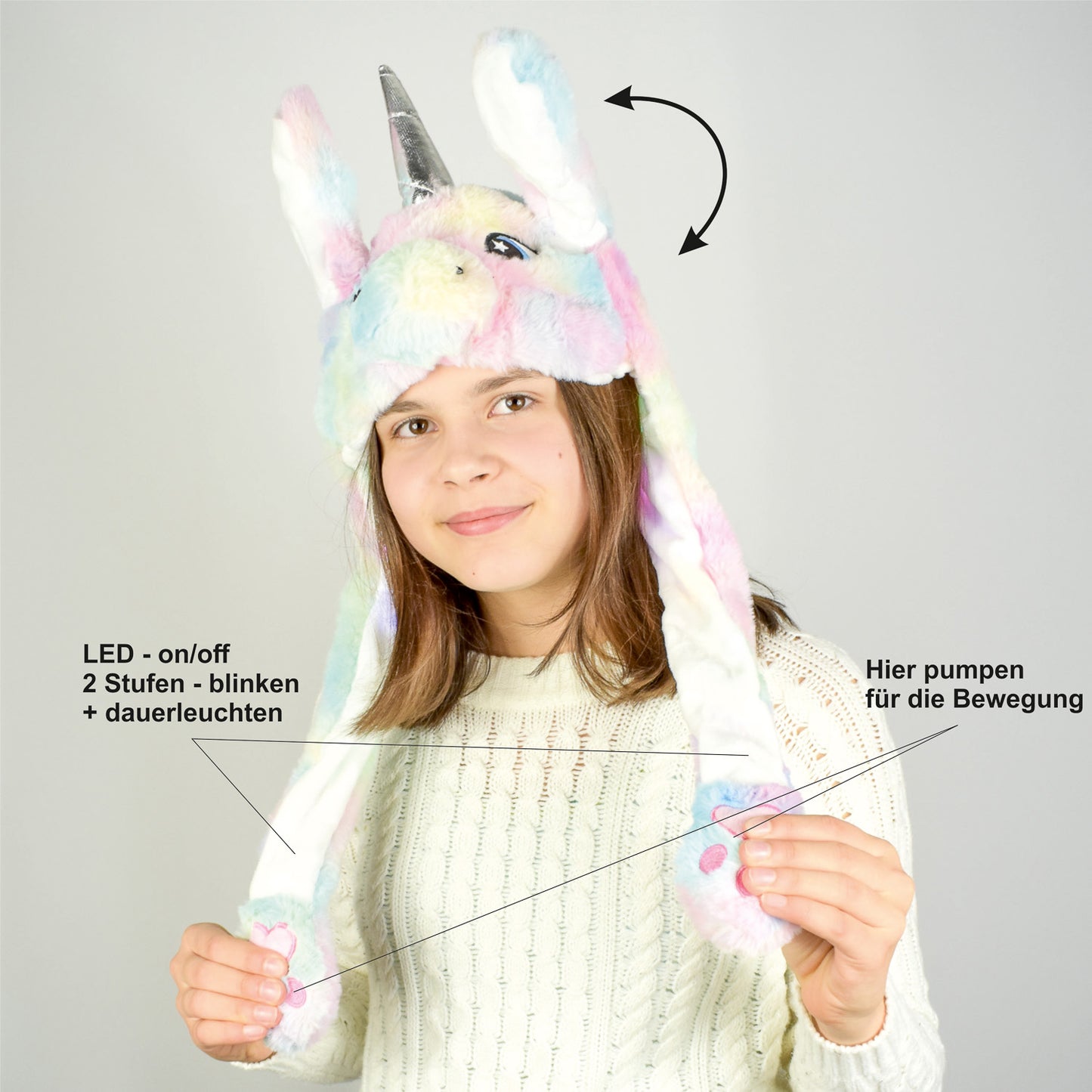 Pastellfarbenes Einhorn Wackelohrmütze mit LED´s