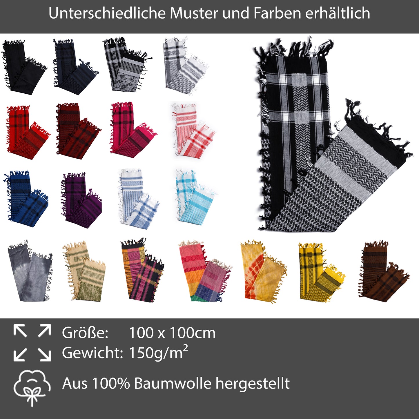 Palästinensertuch Shemagh Kufiya 3er Set in Schwarz Weiß Rot Türkis