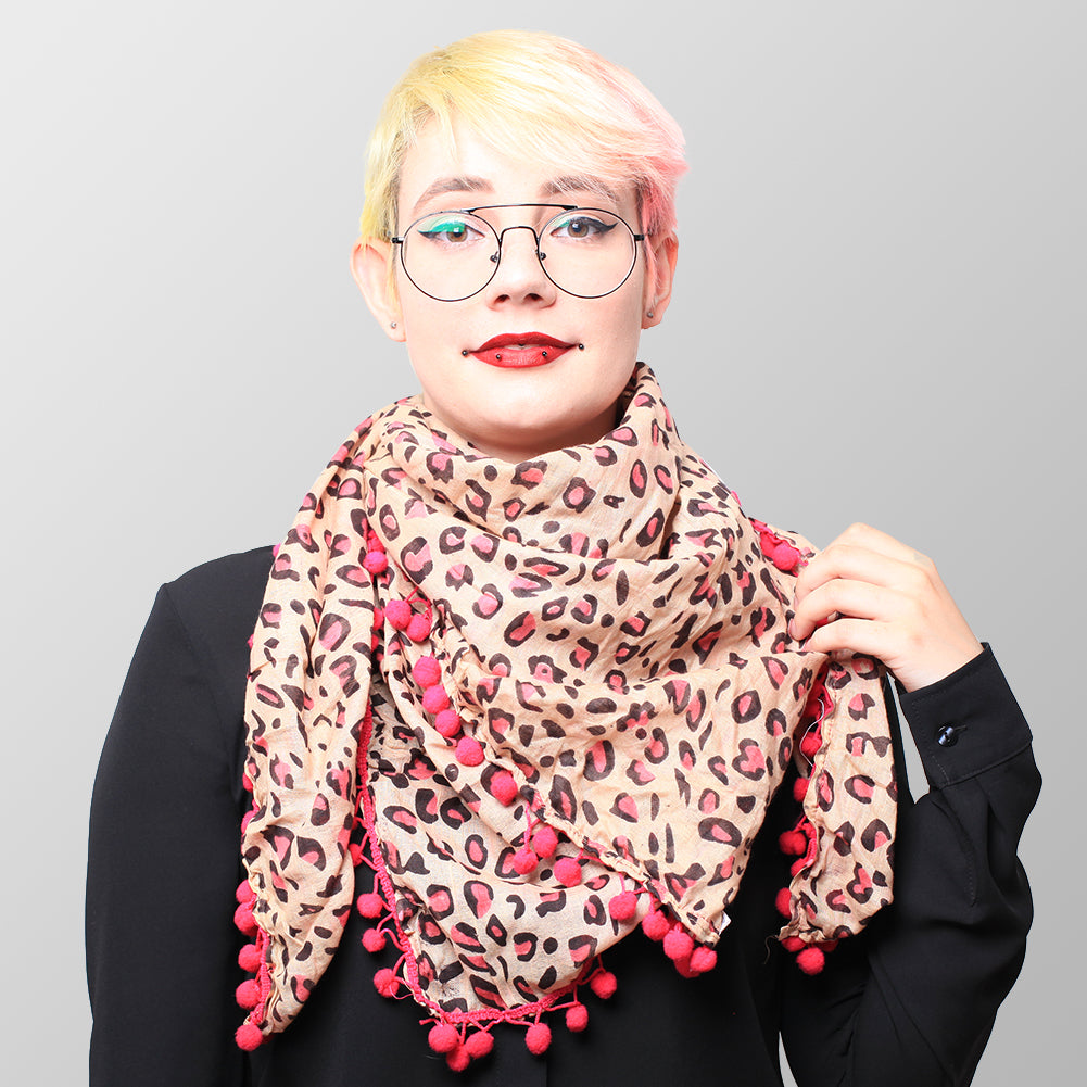 Pinkes Leoprint Halstuch mit Pinken Bommeln
