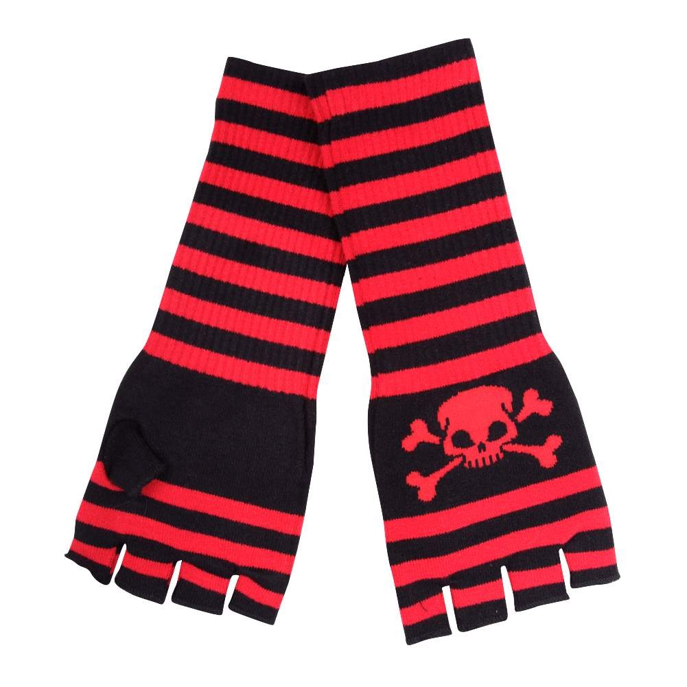 Gestreifte Handschuhe Schwarz Rot mit Jolly Roger Skull Motiv