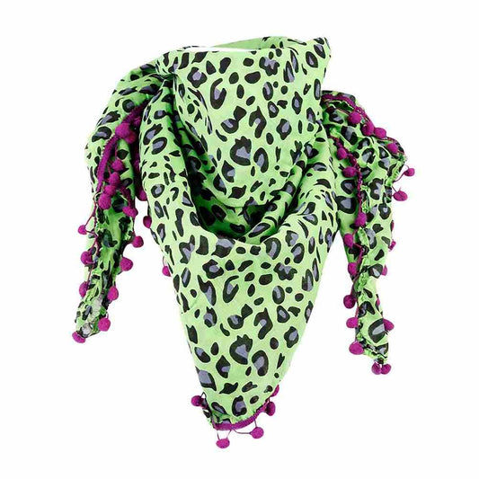 Baumwolltuch im Grünen Leoparden Look mit Lila Bommeln