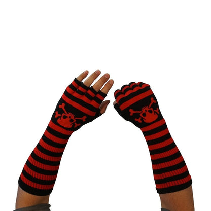 Gestreifte Handschuhe Schwarz Rot mit Jolly Roger Skull Motiv