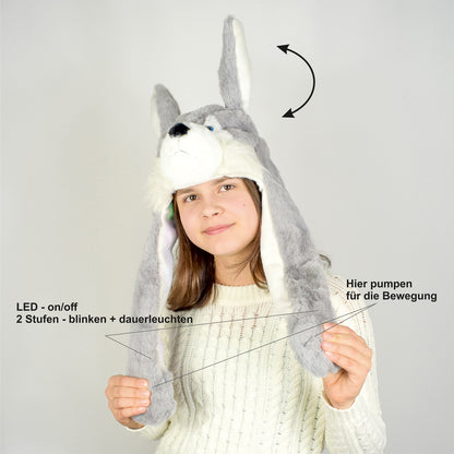 Grauer Hund Husky Wackelohrmütze mit LED´s