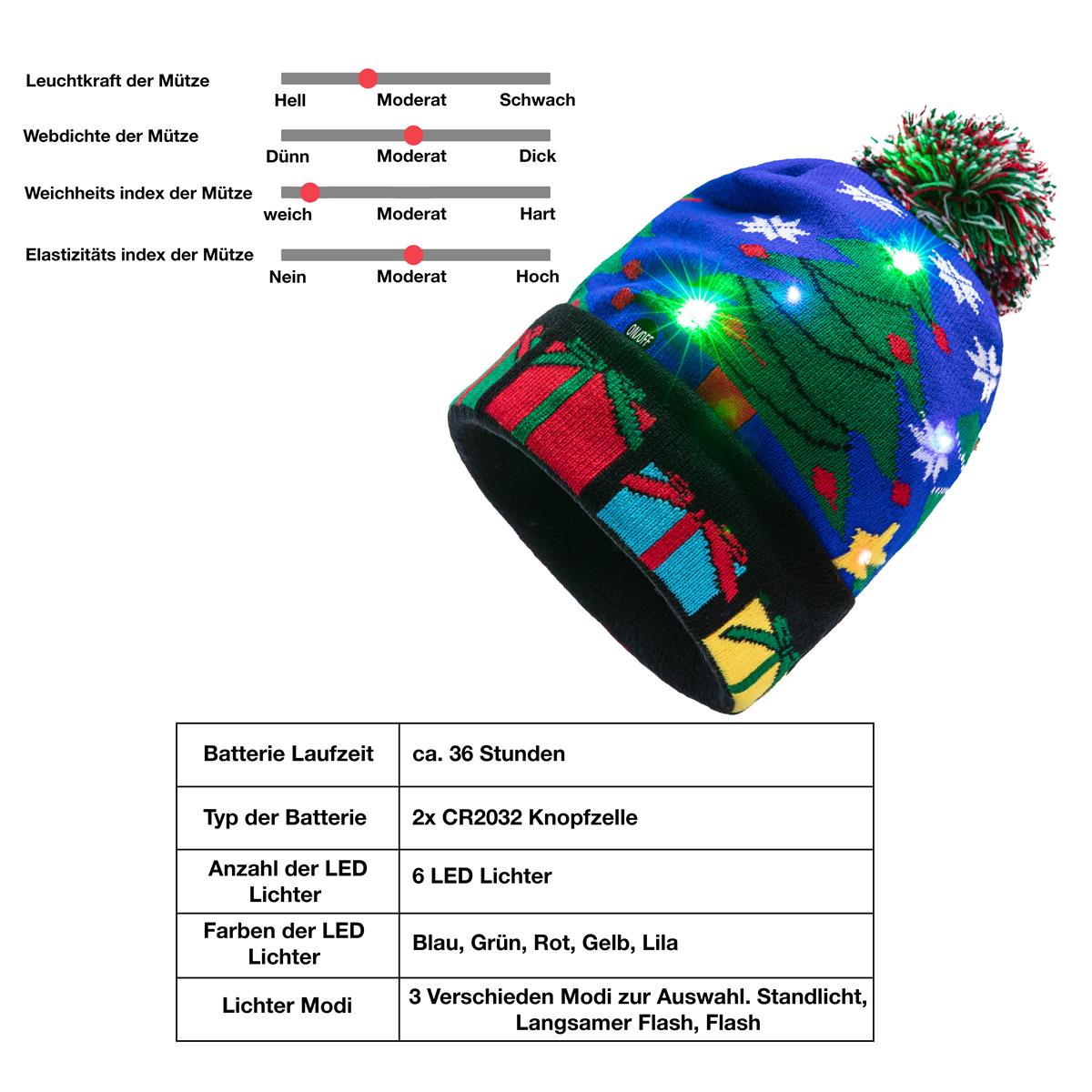 Blaue Weihnachts Dino Wintermütze mit LED´s