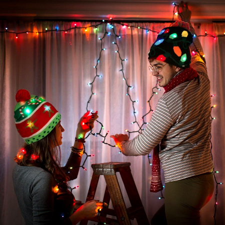 Blaue Weihnachts Dino Wintermütze mit LED´s