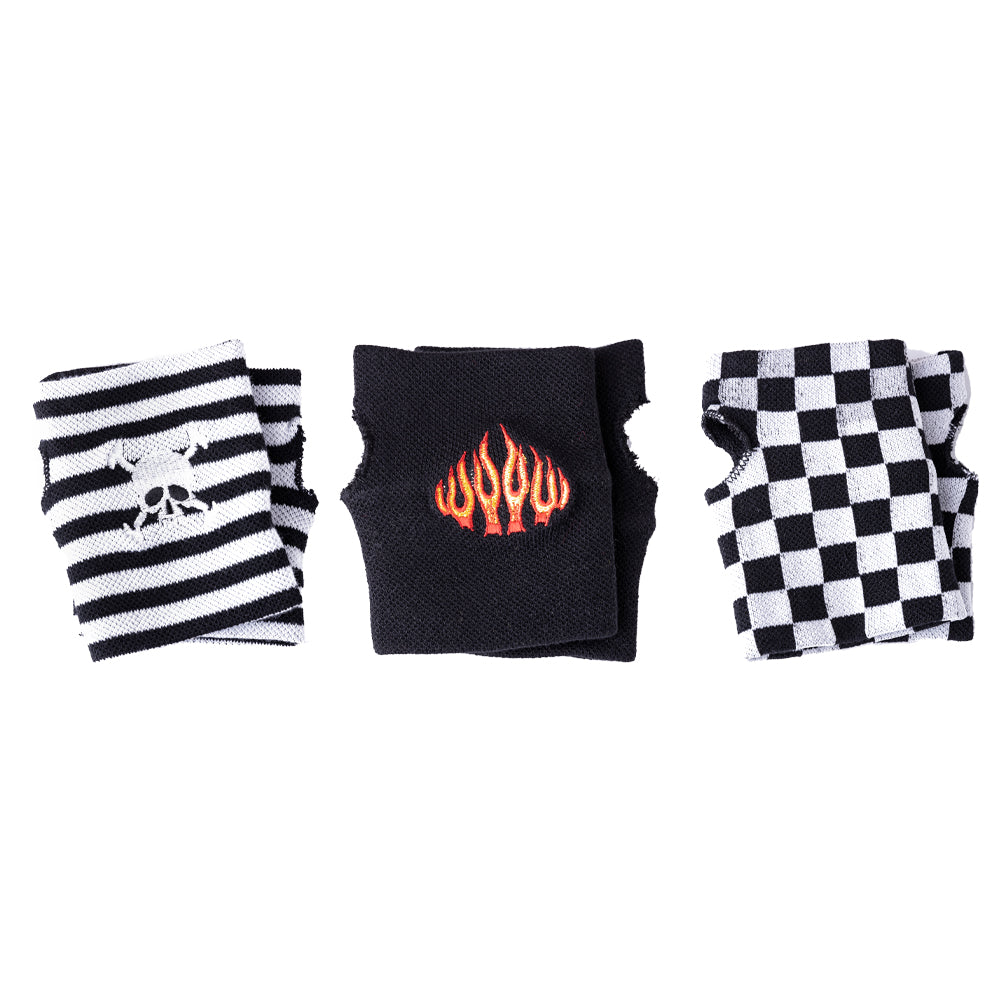 Fingerlose Handschuhe Kariert Flammen Totenkopf 3er Set