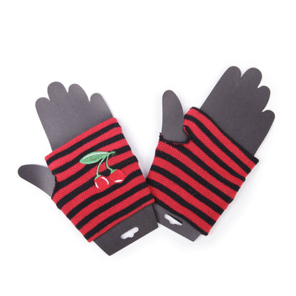 Fingerlose Gestreifte Handschuhe mit Kirschen Stickerei