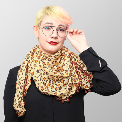 Baumwolltuch Leopard Look mit Braunen Runden Bommeln