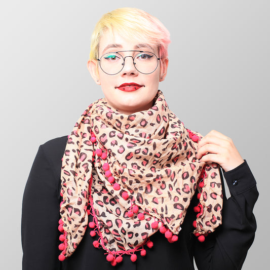 Pinkes Leoprint Halstuch mit Pinken Bommeln