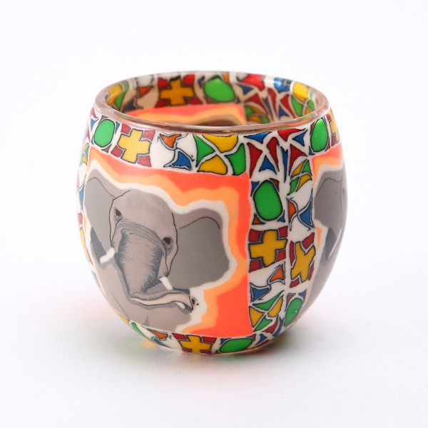 Fimo Glaswindlicht handgemacht bunt mir Elefant und afrikanischem Muster