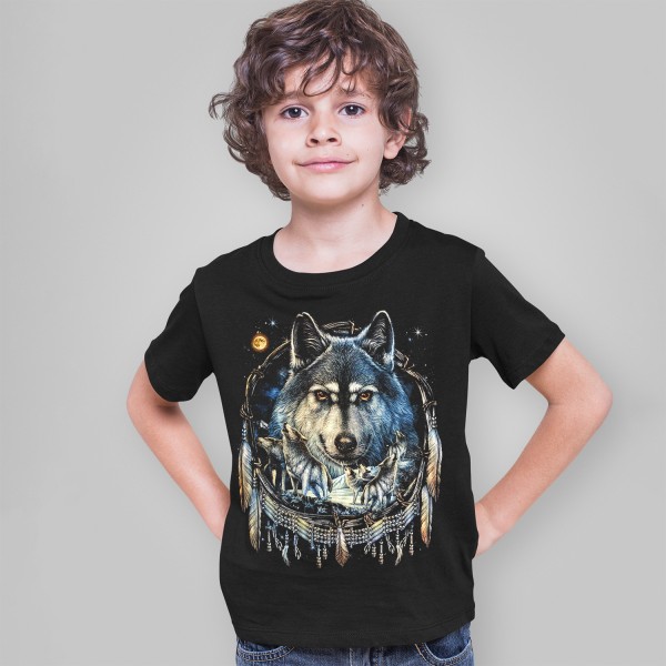 Schwarz Wolfsrudel Traumfänger Kinder T-Shirt