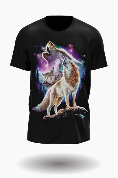 Wolfsrudel in der Nacht mit Mond und Nordlichter T-Shirt