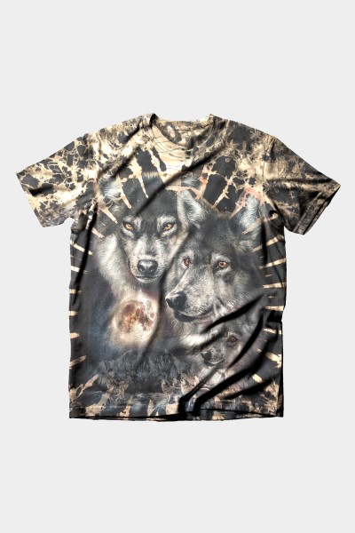 Tie-Dye mit Wölfe mit Mond bei Nacht T-Shirt