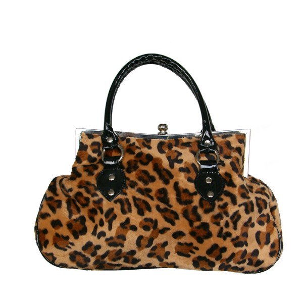 Rockabella Braune Leoparden Fell Handtasche mit Schwarzem Lack