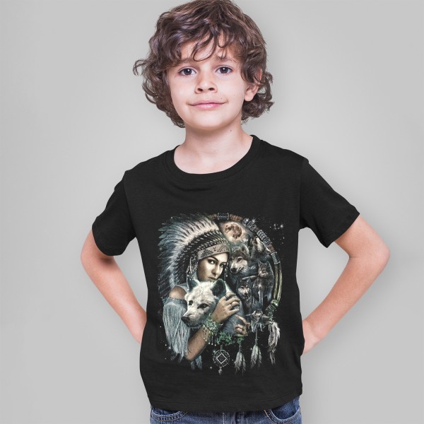 Schwarz Wolf mit Indianer Kinder T-Shirt