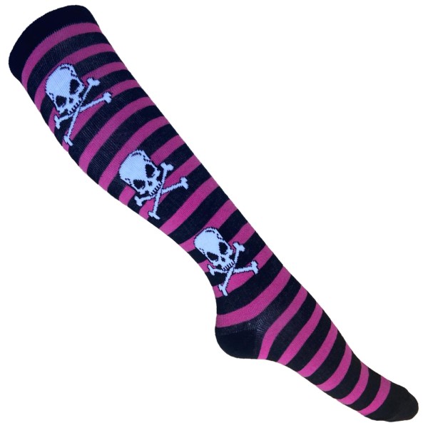 Socken mit Totenköpfen Schwarz Pink Gestreift